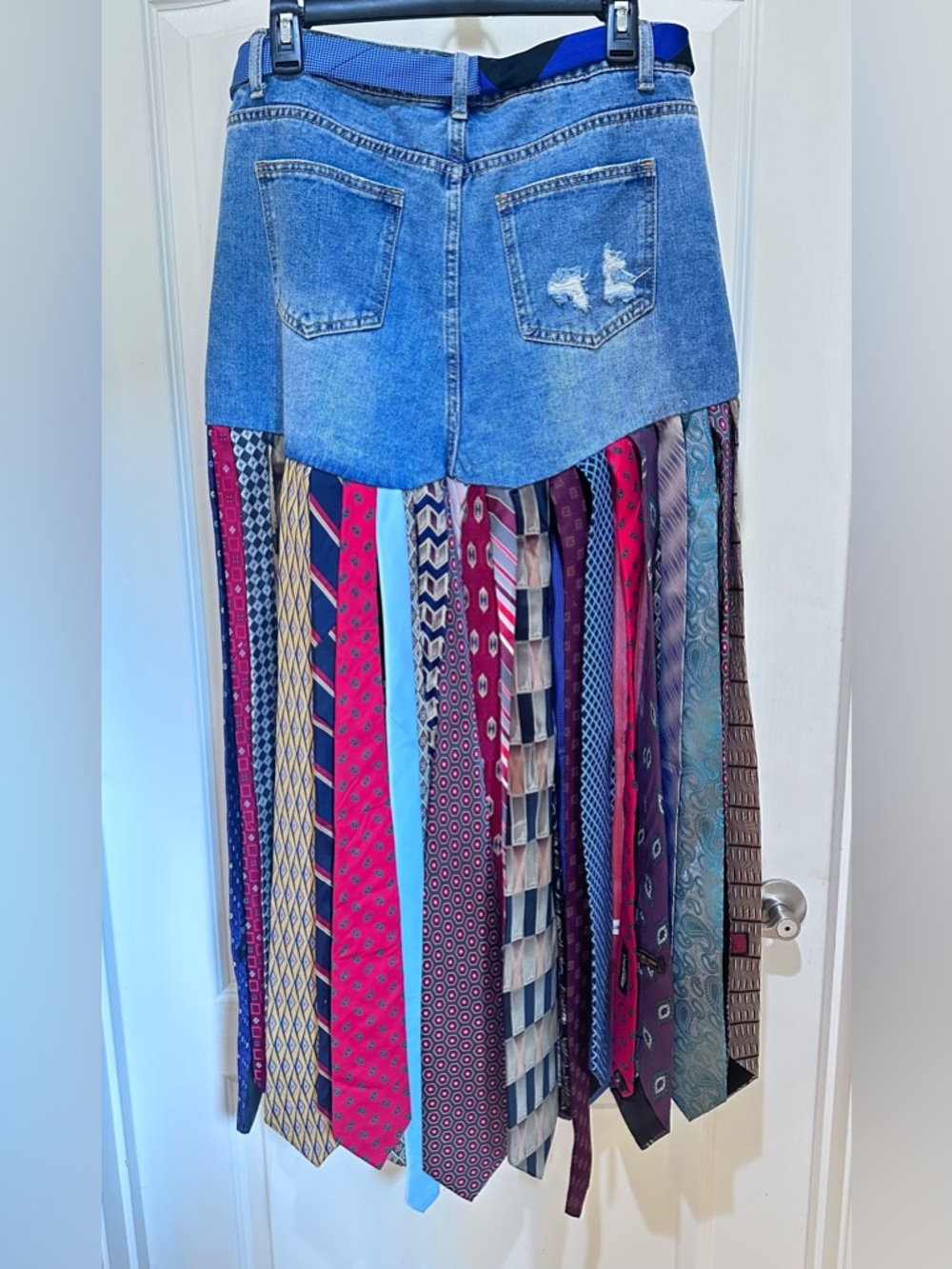 Upcycled Multicolor Tie-Strip Denim Maxi Skirt size L - Picture 6 of 7